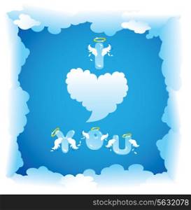 Postcard for Valentine`s Day with funny angels letters and clouds.