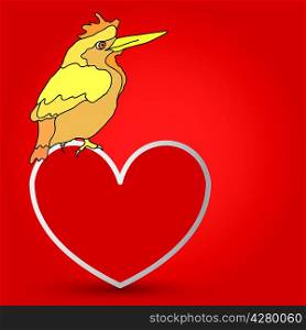 Postcard from a bird sitting on the heart. Vector illustration.