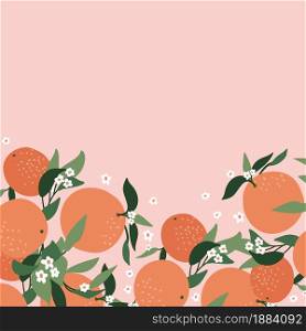 Postcard from abstract branches of orange, leaves and color pink background. Nature background vector. Suitable for postcards, backgrounds, stickers, interior decor and other users. Postcard from abstract branches of orange, leaves and color pink background. Nature background vector. Suitable for postcards, backgrounds, stickers, interior decor and other users.
