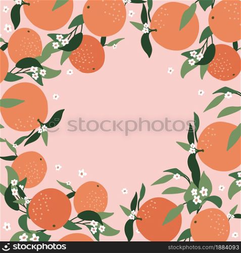Postcard from abstract branches of orange, leaves and color pink background. Nature background vector. Suitable for postcards, backgrounds, stickers interior decor and other users. Postcard from abstract branches of orange, leaves and color pink background. Nature background vector. Suitable for postcards, backgrounds, stickers, interior decor and other users.