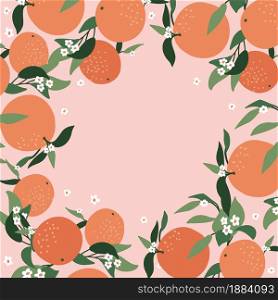 Postcard from abstract branches of orange, leaves and color pink background. Nature background vector. Suitable for postcards, backgrounds, stickers interior decor and other users. Postcard from abstract branches of orange, leaves and color pink background. Nature background vector. Suitable for postcards, backgrounds, stickers, interior decor and other users.