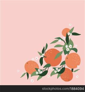 Postcard from abstract branches of orange, leaves and color pink background. Nature background vector. Suitable for postcards, backgrounds, stickers, interior decor and other users. Postcard from abstract branches of orange, leaves and color pink background. Nature background vector. Suitable for postcards, backgrounds, stickers, interior decor and other users.