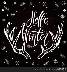 Postcard Hello Winter wiht cute elements. Isolated vector illustration on white background.