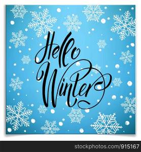 Postcard Hello Winter wiht cute elements. Isolated vector illustration on white background.