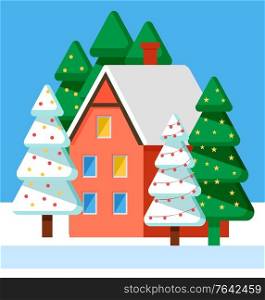 Postcard house construction with fir-trees decorated by garland. Snowfall weather and trees on blue color. Winter holiday card with building symbol and wood with snowflakes, frost outdoor vector. Postcard with Snowy Building and Fir-tree Vector