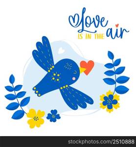Postcard - Love is in the air. beautiful blue bird with red heart in its beak on background of flowers. Vector illustration for decor, design, print, covers, valentines, romantic cards and postcards