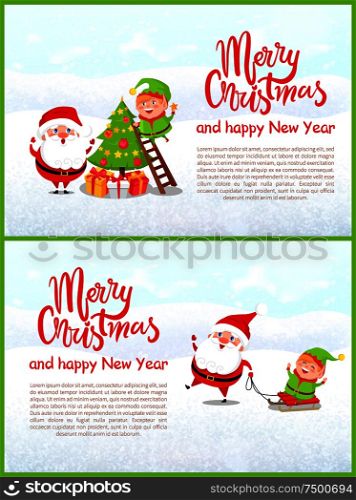 Postcard Merry Christmas and Happy New Year. Santa Claus and elf decorating Xmas tree. Riding on sleigh, winter activity, characters, vector greeting card. Postcard of Merry Christmas and Happy New Year