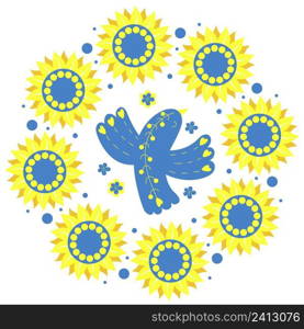 Postcard napkin with yellow-blue bird and sunflower flowers. Vector illustration. Round frame with Ukrainian pattern in colors of Ukrainian flag for decor, design, print