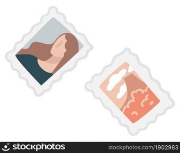 Postcard or decorative photography with portrait of woman and photo of traveling scene. Lady picture and mountains in nature, exhibition or artistic and elegant photoshoot. Vector in flat style. Photographs and postcards with portrait and scene