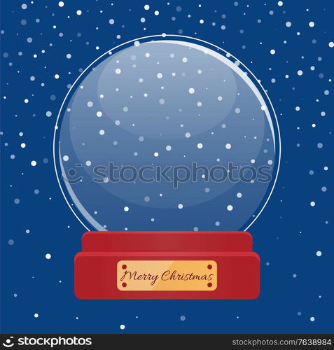 Postcard snow globe with snowflakes inside and golden greeting board Happy New Year. Christmas holiday card with glossy bubble with snowfall decoration. Xmas greeting with snowy sphere vector. Happy New Year Snowball, Christmas Ball Vector