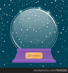 Postcard snow globe with snowflakes inside and golden greeting board Happy New Year. Christmas holiday card with glossy bubble with snowfall decoration. Xmas greeting with snowy sphere vector. Happy New Year Snowball, Christmas Ball Vector