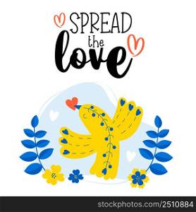 Postcard Spread love. Decorative blue-yellow bird with red heart in its beak on background of flowers. Vertical postcard. Vector illustration for decor, design, print, covers and postcards, valentine