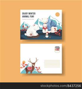 Postcard tempalte with animal enjoy winter concept,watercolor style 