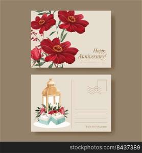 Postcard tempalte with red navy wedding concept,watercolor style 