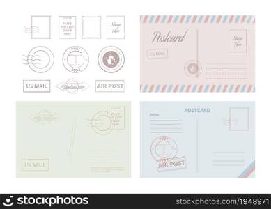 Postcard template. Vintage travel cards and letters with frames and borders vector illustrations. Border letter and correspondence postcard, mail postage. Postcard template. Vintage travel cards and letters with frames and borders vector illustrations