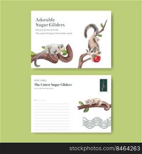 Postcard template with adorble sugar gliders concept,watercolor style