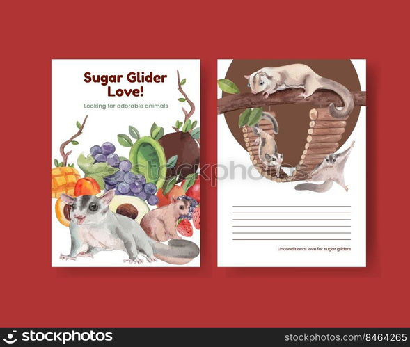 Postcard template with adorble sugar gliders concept,watercolor style