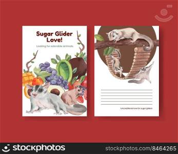 Postcard template with adorble sugar gliders concept,watercolor style