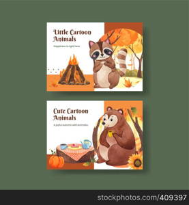 Postcard template with autumn animal concept,watercolor style