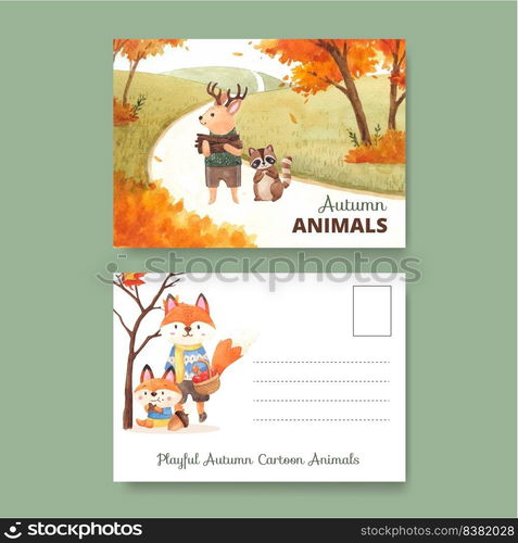 Postcard template with autumn animal concept,watercolor style 