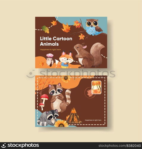 Postcard template with autumn animal concept,watercolor style 