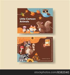 Postcard template with autumn animal concept,watercolor style 