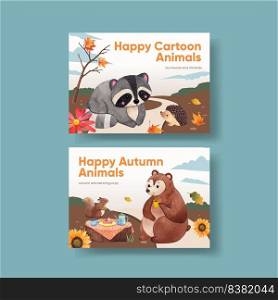 Postcard template with autumn animal concept,watercolor style 