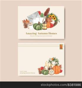 Postcard template with autumn home cozy concept,watercolor style 