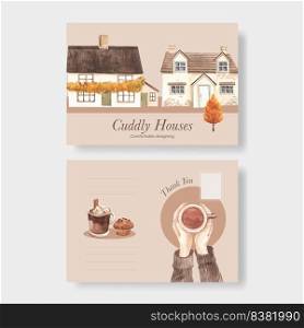 Postcard template with autumn home cozy concept,watercolor style
