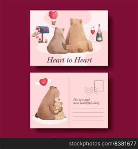Postcard template with big love hug valentines day concept,watercolor style
