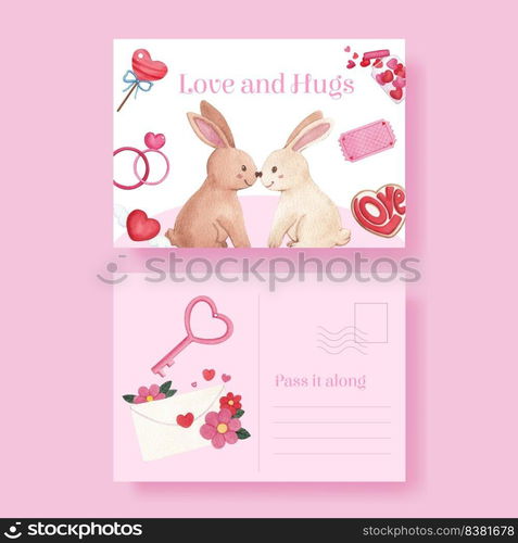 Postcard template with big love hug valentines day concept,watercolor style
