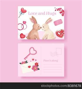 Postcard template with big love hug valentines day concept,watercolor style
