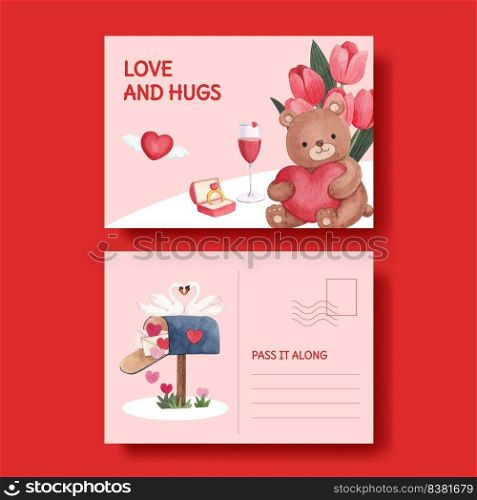 Postcard template with big love hug valentines day concept,watercolor style 