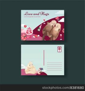 Postcard template with big love hug valentines day concept,watercolor style 