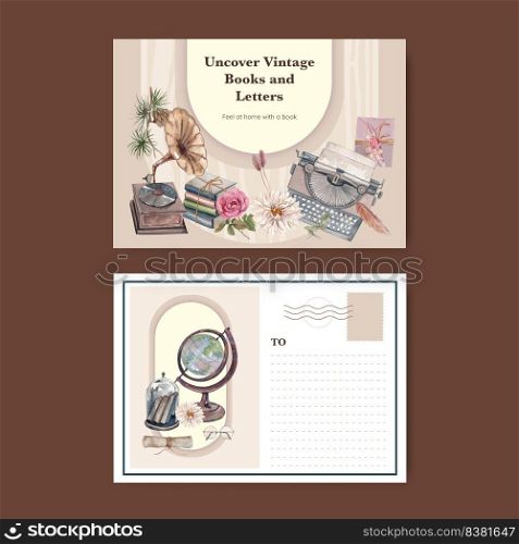 Postcard template with book letter vintage concept,watercolor style 