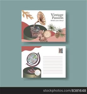 Postcard template with book letter vintage concept,watercolor style 