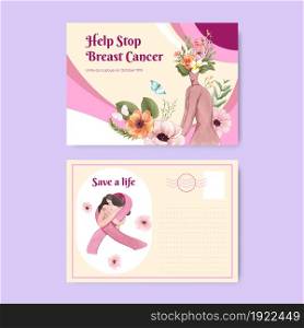 Postcard template with breast cancer awareness month concept,watercolor style