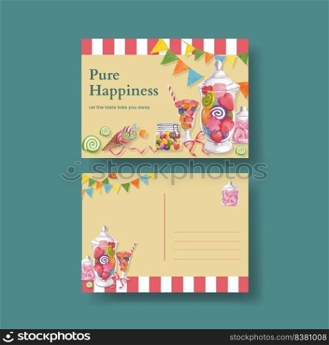 Postcard template with candy jelly party concept,watercolor sty≤ 
