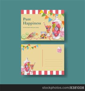 Postcard template with candy jelly party concept,watercolor sty≤ 