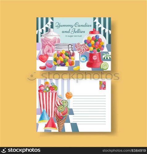 Postcard template with candy jelly party concept,watercolor style

