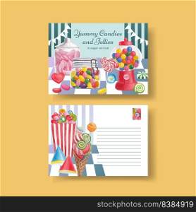 Postcard template with candy jelly party concept,watercolor style

