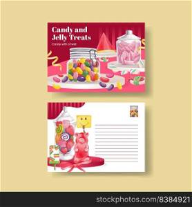 Postcard template with candy jelly party concept,watercolor style  