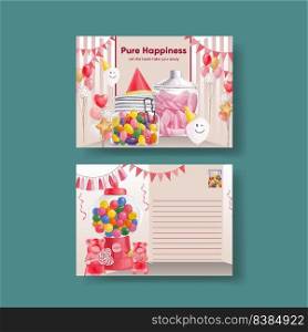 Postcard template with candy jelly party concept,watercolor style  