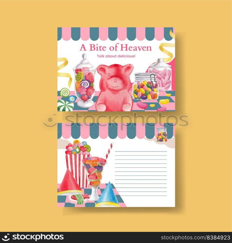 Postcard template with candy jelly party concept,watercolor style  