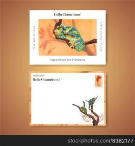 Postcard template with chameleon lizard concept,watercolor style

