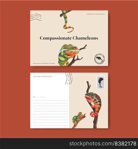 Postcard template with chameleon lizard concept,watercolor style
