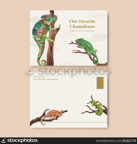 Postcard template with chameleon lizard concept,watercolor style 