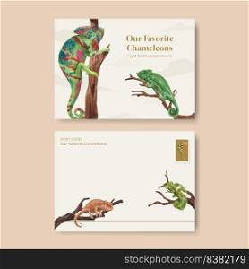 Postcard template with chameleon lizard concept,watercolor style 