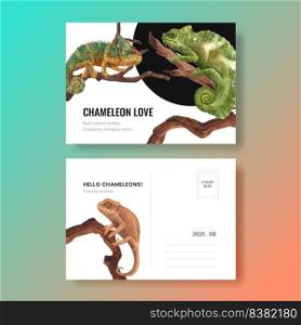 Postcard template with chameleon lizard concept,watercolor style 