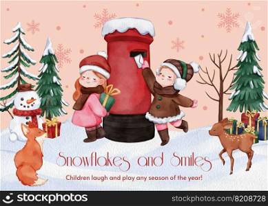 Postcard template with children enjoy winter concept, watercolor style 